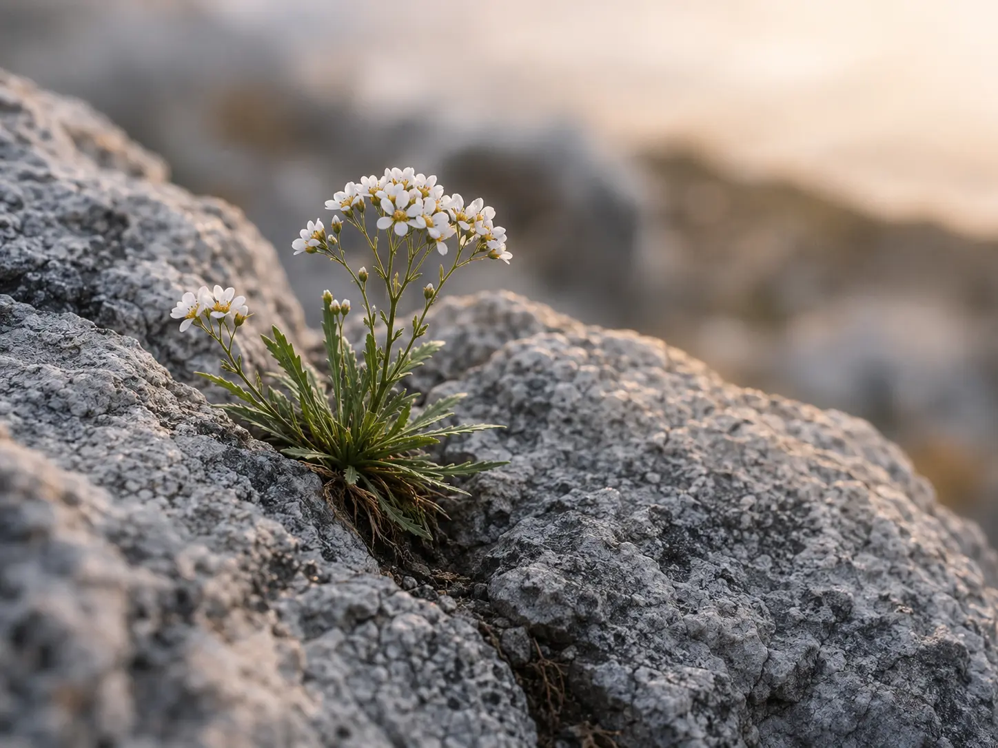Drabes blanques florint entre les esquerdes de la roca