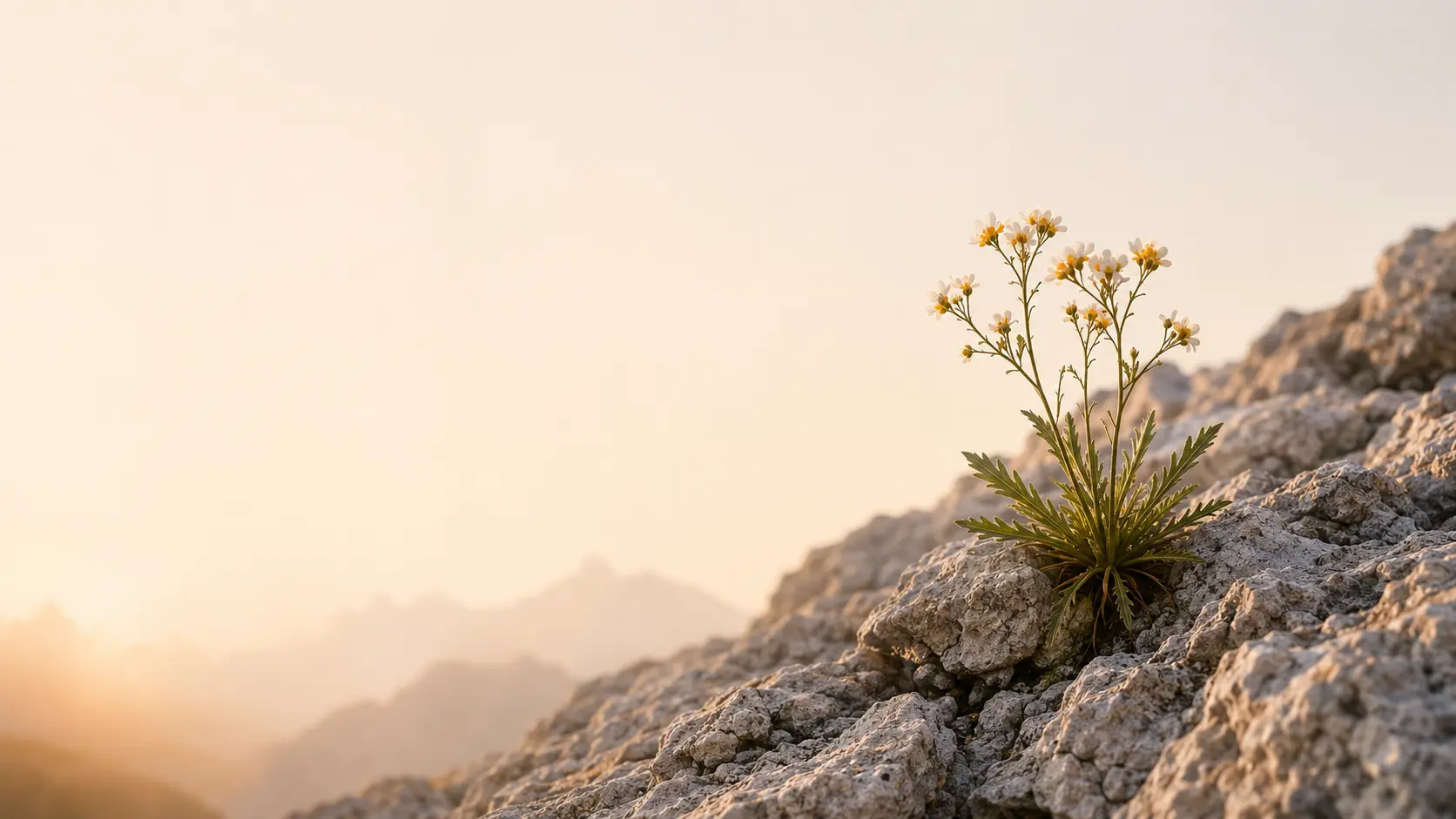 Una draba floreix entre les esquerdes d'un paisatge rocós