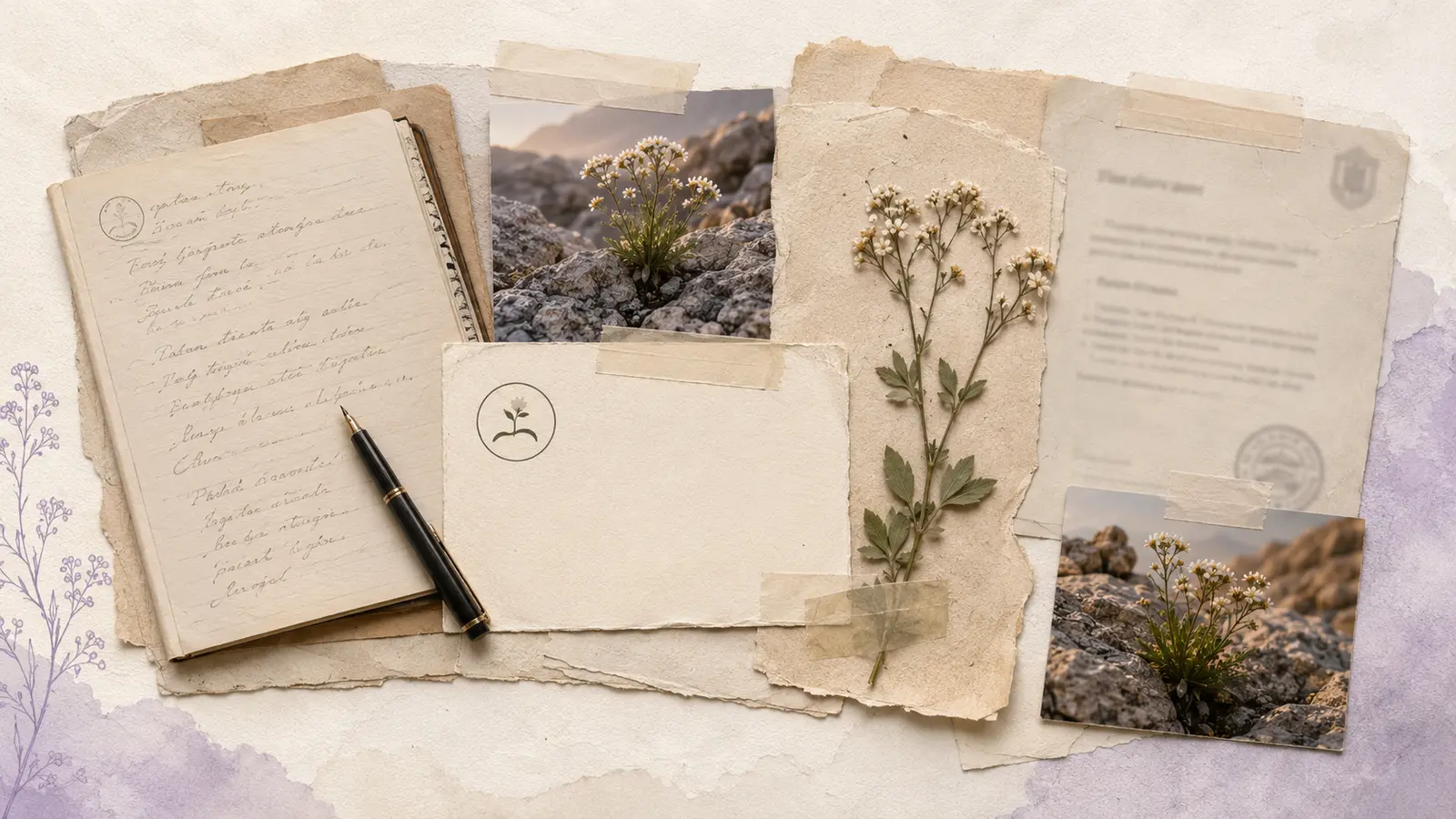 Collage de documents, fotografies i elements botànics de la història d'Illa de Drabes
